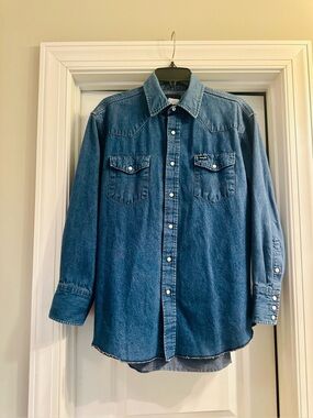 VTG Y2K Wrangler Denim Western Pearl Snap "Cowboy Cut" 100% Cotton USA
